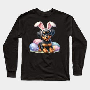 Puppy Doberman Pinscher Bunny Ears Easter Eggs Happy Easter Long Sleeve T-Shirt